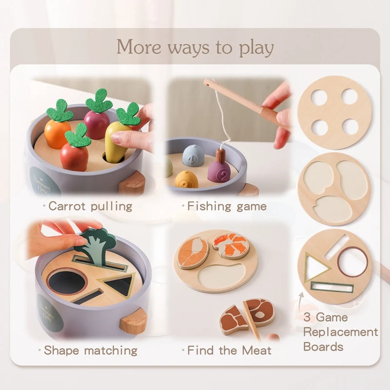 Montessori Wooden Carrot Plucking Toy – Multifunctional Pot Toy, Shape Matching, Fishing & Stir Frying Playset for Kids