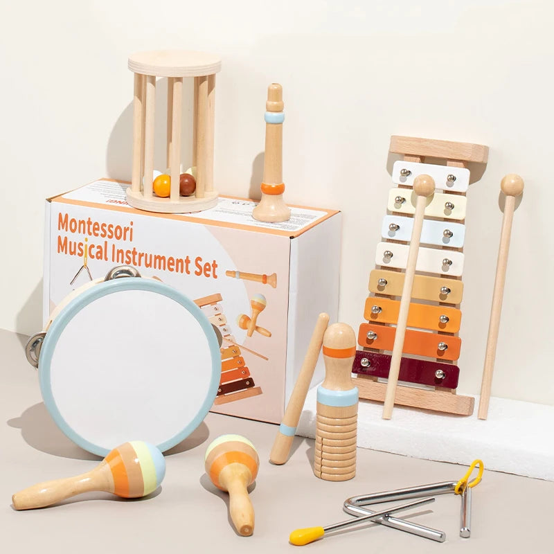 Baby or Toddlers Musical Instruments Wooden Toy Set – Montessori Percussion Instruments with Drum & Xylophone