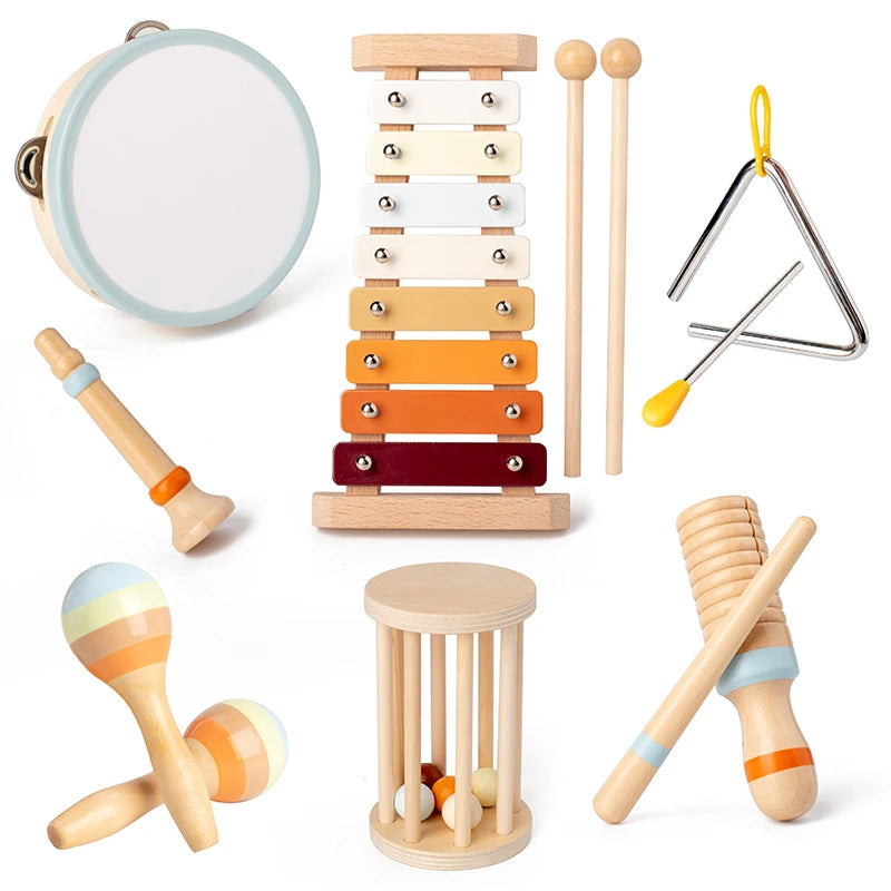 Baby or Toddlers Musical Instruments Wooden Toy Set – Montessori Percussion Instruments with Drum & Xylophone