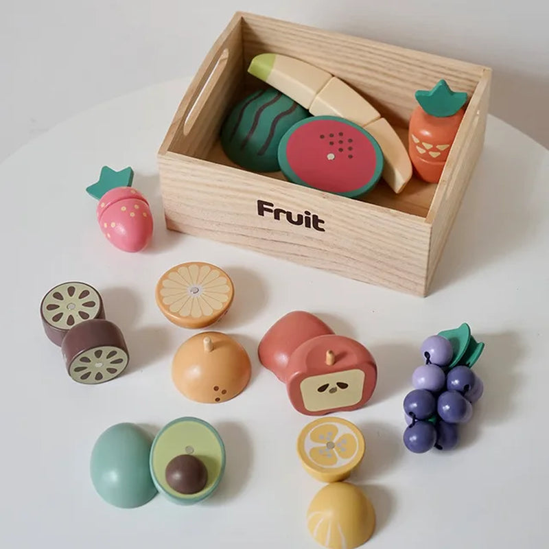 Wooden Pretend Play Kitchen Toys Cutting Food Accessories Set Fruit Vegetable Bakery Meat Fish Early Educational Cognition Toys