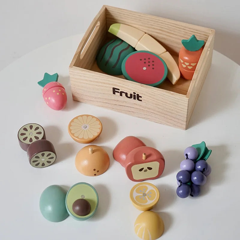 Wooden Pretend Play Kitchen Toys Cutting Food Accessories Set Fruit Vegetable Bakery Meat Fish Early Educational Cognition Toys