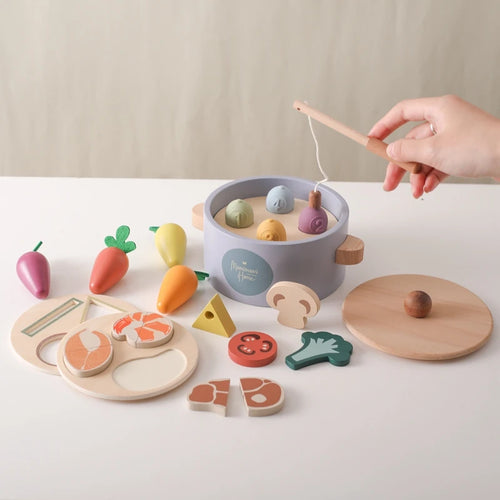 Montessori Wooden Carrot Plucking Toy – Multifunctional Pot Toy, Shape Matching, Fishing & Stir Frying Playset for Kids