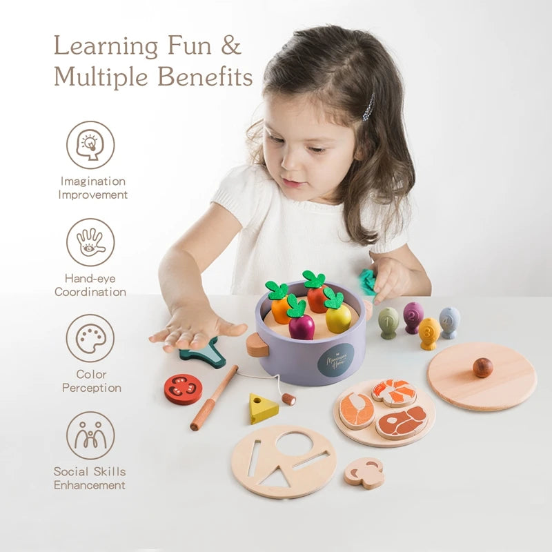 Montessori Wooden Carrot Plucking Toy – Multifunctional Pot Toy, Shape Matching, Fishing & Stir Frying Playset for Kids