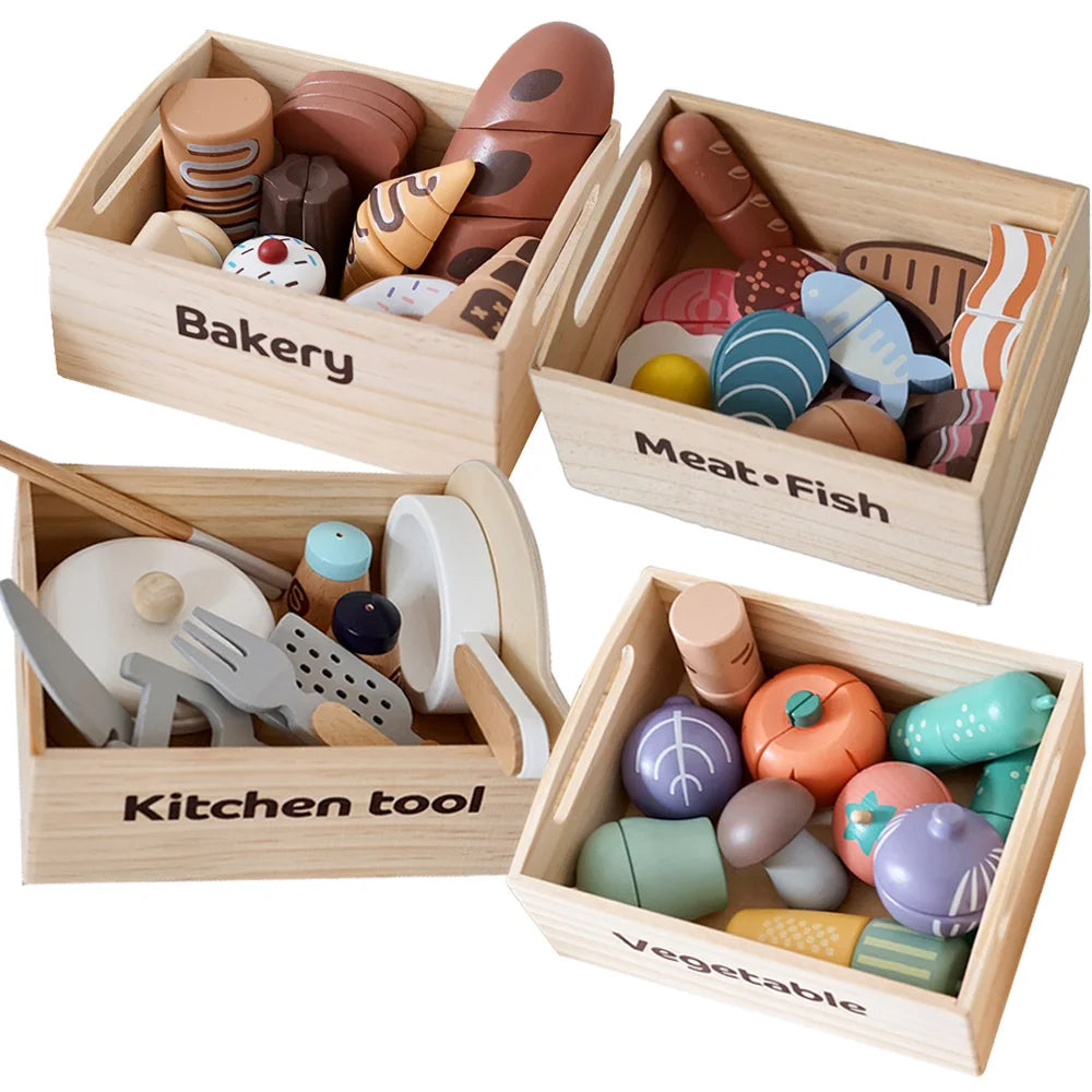 Wooden Pretend Play Kitchen Toys Cutting Food Accessories Set Fruit Vegetable Bakery Meat Fish Early Educational Cognition Toys